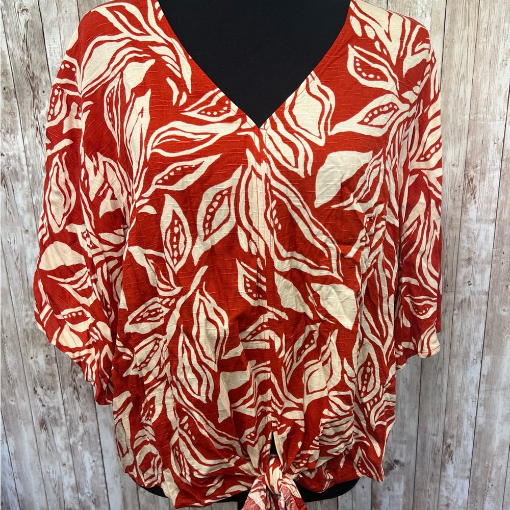 Tamara Orange and‎ Cream 1/2 Sleeve Tie Front Blouse